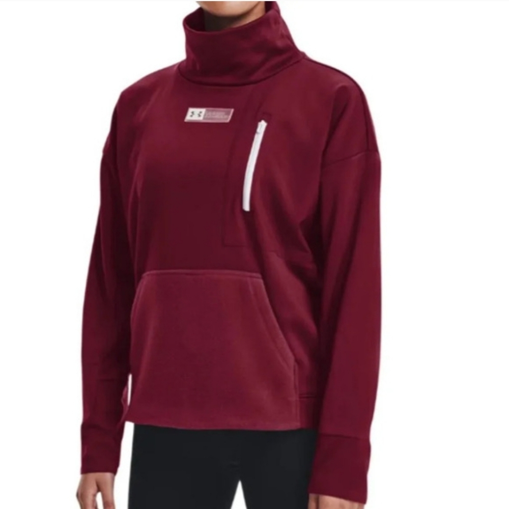Under Armour Mxed Media Mock Neck T-Shirt Sweatshirt Burgundy Womens  Sz XL